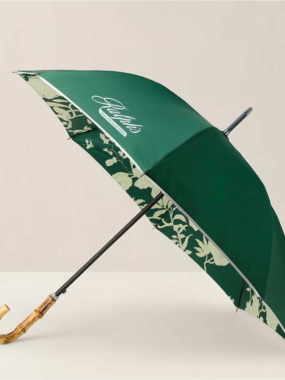 Ralph Lauren Deep Green Canopy Umbrella with Floral-Trim and Bamboo Handle
